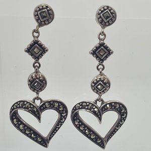 Sterling Marcasite Heart Dangle Earrings Thailand .925 Signed 1.5" Drop